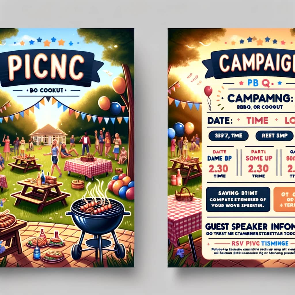 Here is the campaign flyer for your picnic, BBQ, or cookout event. The flyer features festive images like a park setting, people enjoying a BBQ, picnic tables, and decorations. It has designated areas for adding event details such as date, time, location, guest speaker information, and RSVP instructions. The design is colorful and inviting, perfectly capturing the essence of a community gathering and outdoor fun. You can customize the flyer by adding your specific event details in the provided blank text areas.