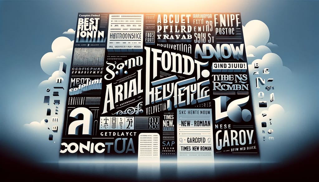 The hero image created perfectly encapsulates the essence of the essay on the best fonts for web and print. It artistically blends both serif and sans-serif fonts, such as Arial, Helvetica, Verdana, Times New Roman, and Garamond, set against a gradient background that symbolizes the transition from web to print. This image offers a visual representation of the diverse and functional nature of these fonts in design.