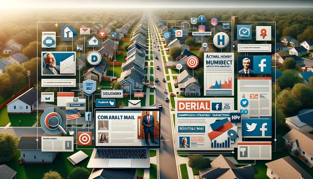 hero image created for your essay about a digital marketing strategy in political campaigning. This image visually represents the key elements of your multi-channel campaign strategy, blending traditional and digital marketing methods.